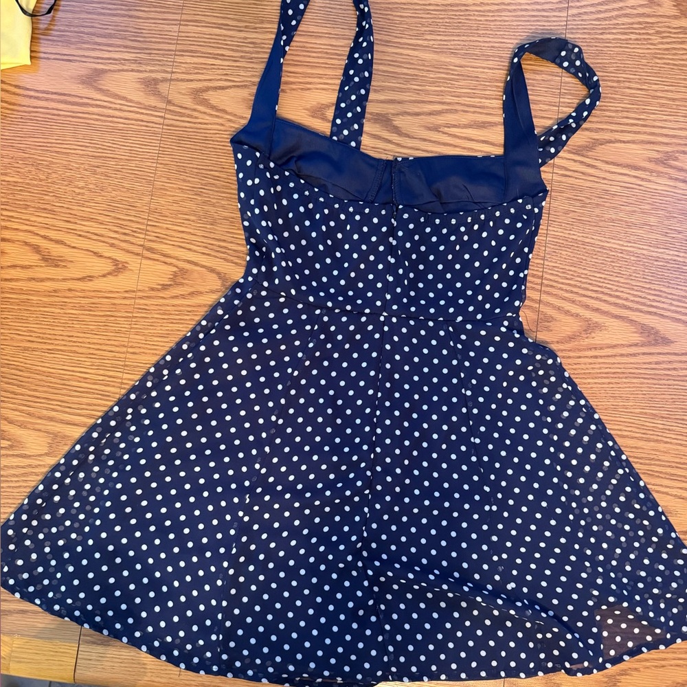 Chic Blue Polka Dot Halter Mini Dress, Sun Dress - Picture 4 of 11